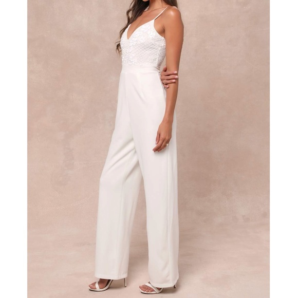NWOT | LULU'S White Memorable Occasion Beaded Sequin Jumpsuit | Sz L - Picture 3 of 6